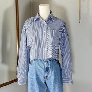 Abercrombie & Fitch Cropped Striped Button Down Shirt XXS Blue White Raw Hem